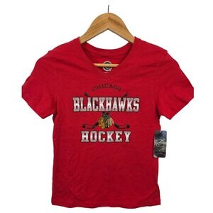 NHL Chicago Blackhawks Youth Girls Red V-Neck Graphic Shirt Size L 10/12 NWT /C8